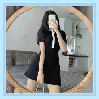 Váy polo váy ôm cổ bẻ - Đầm body tay ngắn chất bozip cổ phối trăng đen