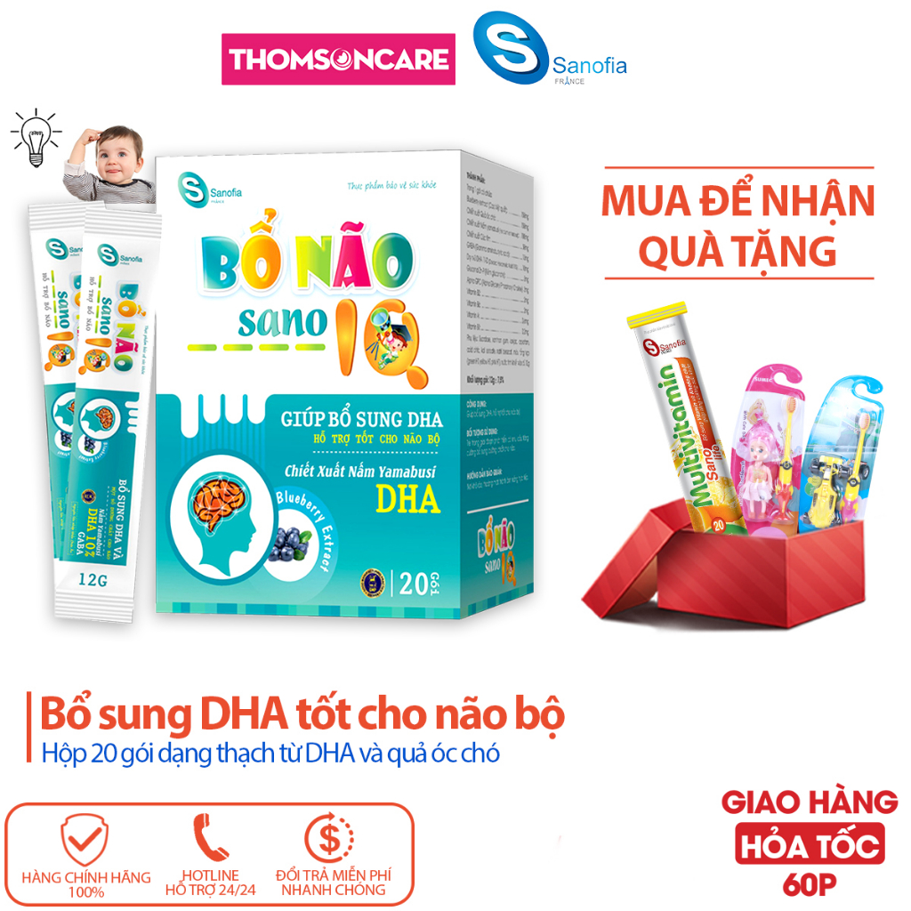 Thạch bổ não Sano IQ Sanofia - Bổ sung DHA tốt cho não và thị lực từ quả việt quất, quả óc chó - Hộp 20 gói Thomsoncare