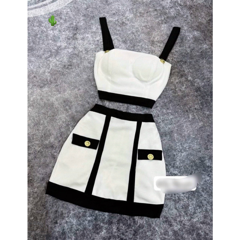 Set bộ đồ nữ áo hai dây croptop chân váy chữ A thun gân phồi viền nút to PC