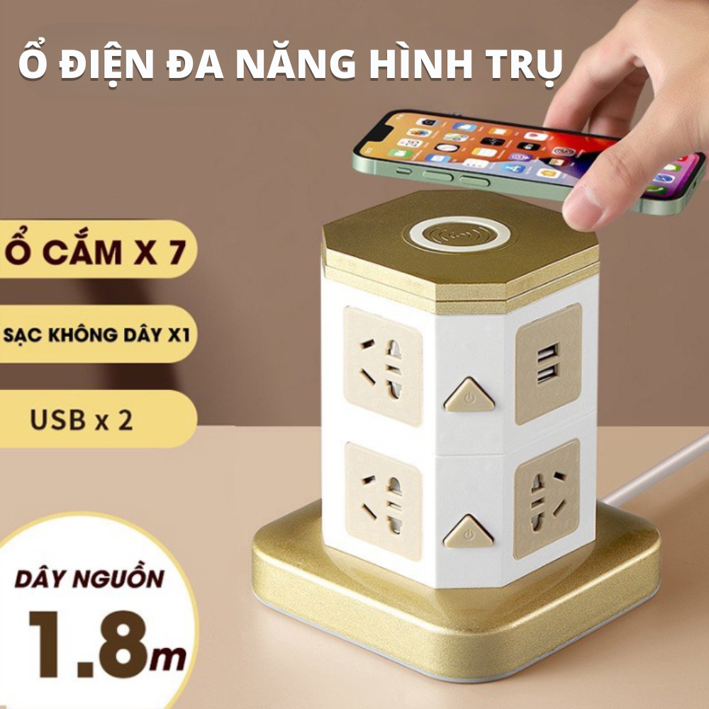Ổ Cắm Điện Đa Năng 2 Tầng, Ổ Hình Trụ 7 Phích Cắm Tích Hợp 2 Cổng USB Tiện Dụng