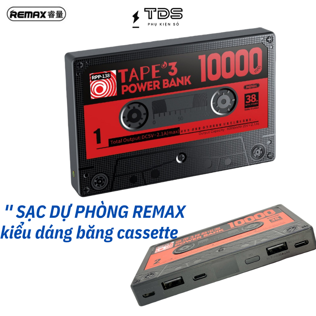 Sạc dự phòng Remax RPP-138 TAPE 3 10000mAh kiểu dáng cassette chính hãng sạc nhanh 2.1A