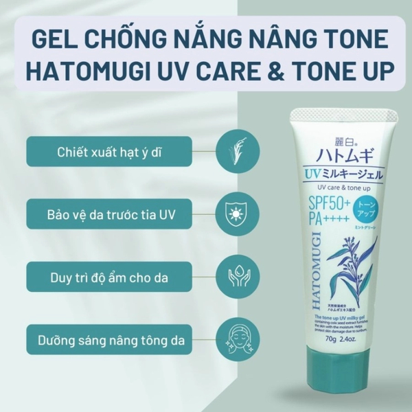 Kem chống nắng Kumano Hatomugi SPF50 + PA ++++ nâng tông, dưỡng ẩm da 70g - xanh bạc hà