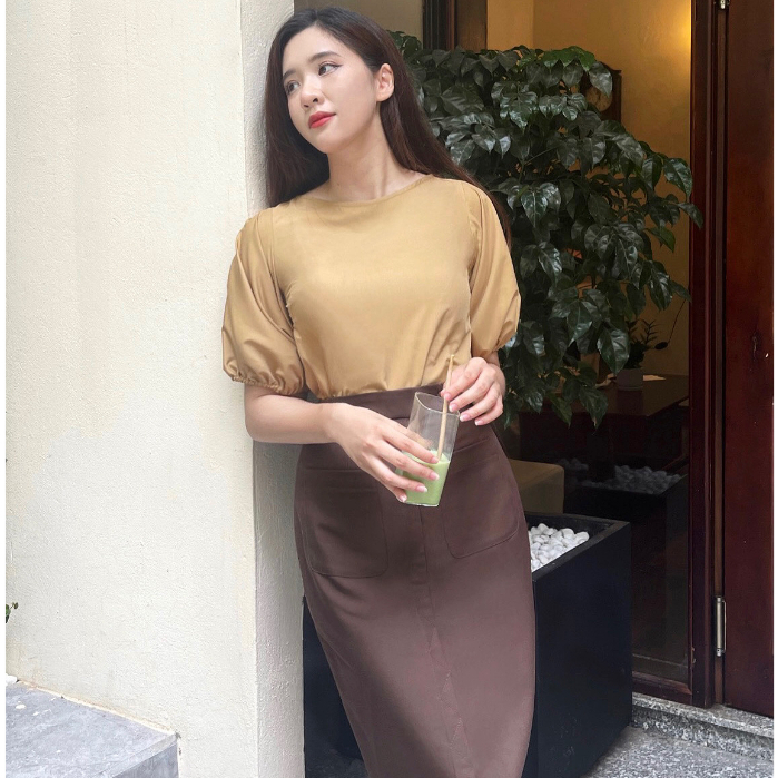 Áo sơ mi nữ HeraDG tay bồng thiết kế cổ thuyền độc đáo, chất liệu vải thô lụa cao cấp SAKBC6048