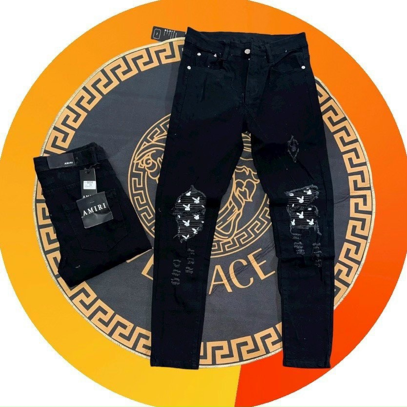 Quần bò jean nam dài đen rách gối vá thỏ   đẹp cá tính,form bó nhẹ chất denim co giãn thoải mái