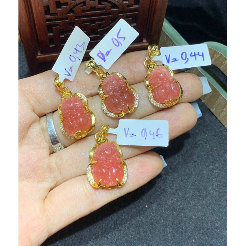 Nhẫn và mặt dây chuyền Tì Hưu Hồ Ly đá đào hoa đã bọc và ng10k