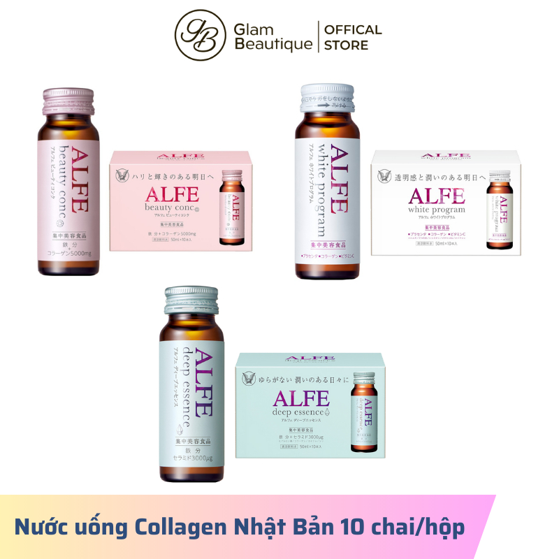 Nước uống Collagen Alfe Nhật Beauty Conc/ White Program/ Deep Essence cao cấp 10 chai/hộp Glam Beautique