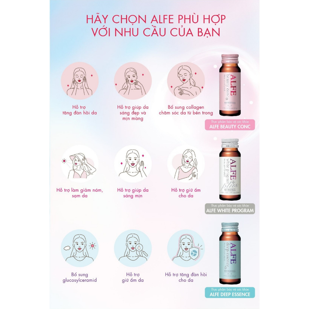 Nước uống Collagen Alfe Nhật Beauty Conc/ White Program/ Deep Essence cao cấp 10 chai/hộp Glam Beautique