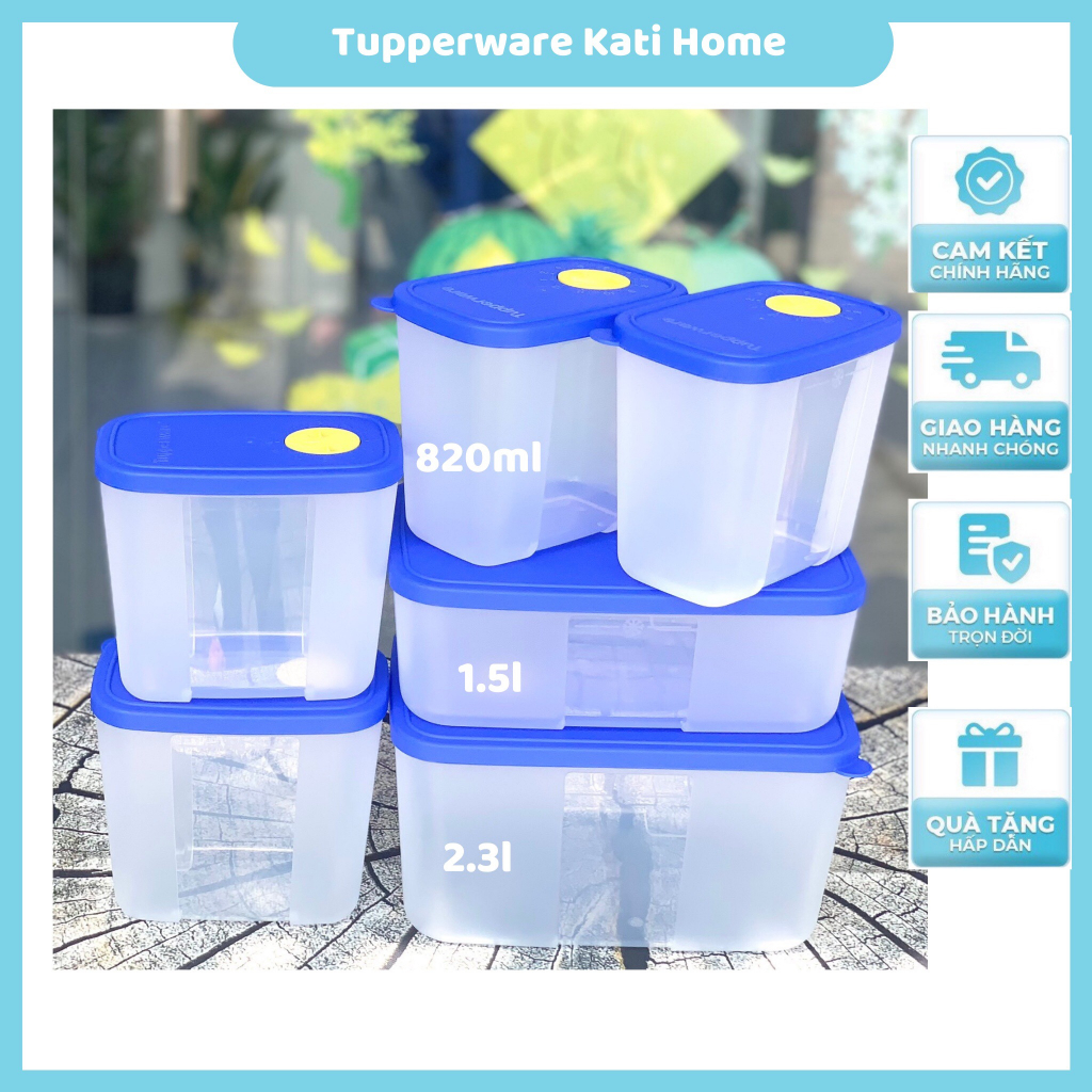 Bộ Hộp Nhựa Trữ Thục Phẩm Ngăn Đông Modern Tupperware Set 6 2.3l 1.5l 820ml nắp xanh có nút đồng hồ, nhựa nguyên sinh