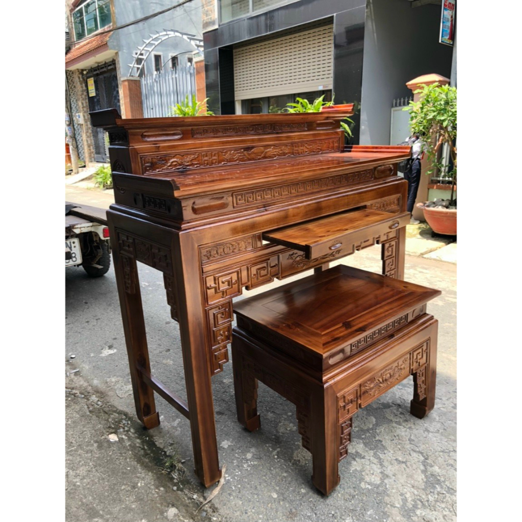 Bộ án giang thờ 2 tầng gỗ tràm bông vàng,bàn thờ gia tiên,bàn thờ bàn cúng