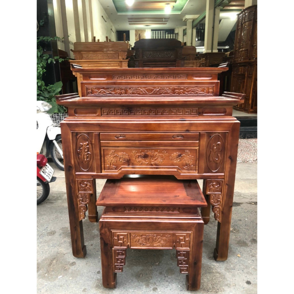 Bộ án giang thờ 2 tầng gỗ tràm bông vàng,bàn thờ gia tiên,bàn thờ bàn cúng