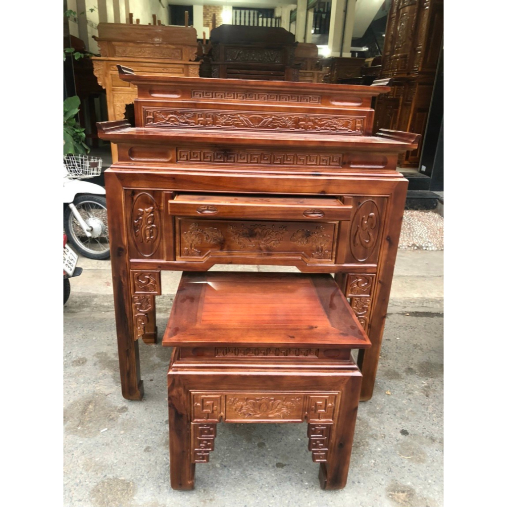 Bộ án giang thờ 2 tầng gỗ tràm bông vàng,bàn thờ gia tiên,bàn thờ bàn cúng