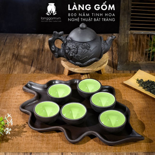 Bộ ấm chén tử sa kiểu gốc cây đắp hoa nổi kèm khay lá nho Chất liệu Gốm sứ Bát Tràng - Dung tích 400ml LÀNG GỐM