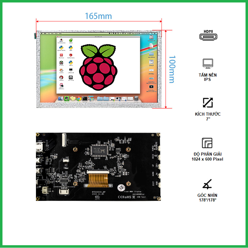 Màn Hình Mini 7 Inch IPS 60Hz 1024x600 (HDMI + USB)