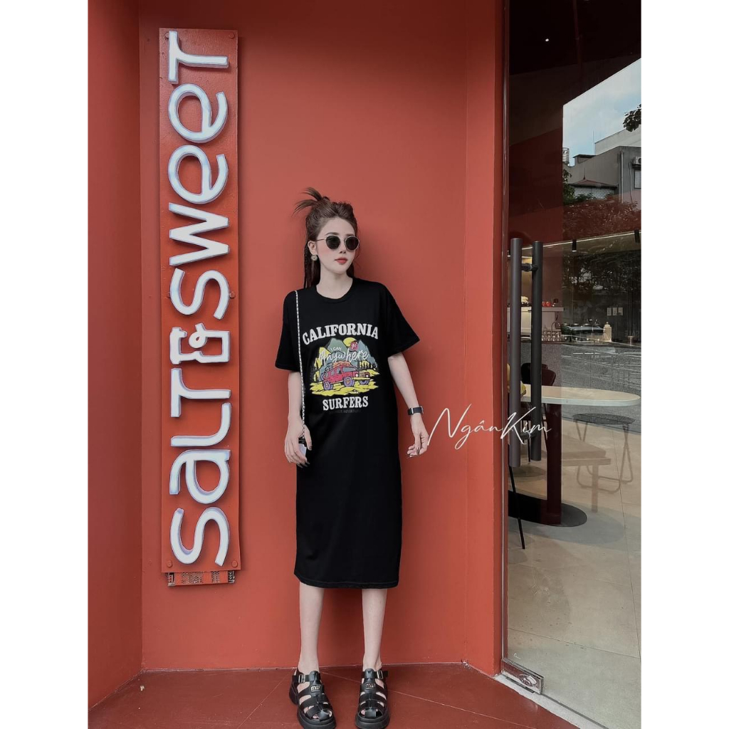 Váy Phông Cộc Tay Dáng Dài Đầm Phông Dáng Suông Cotton Freesize Bigsize 70kg Bầu Cũng Mặc Được mẫu CALIFORNIA. TP140