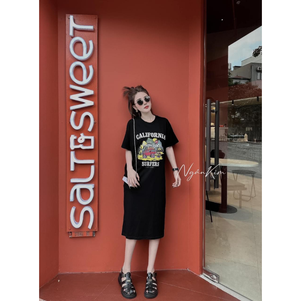 Váy Phông Cộc Tay Dáng Dài Đầm Phông Dáng Suông Cotton Freesize Bigsize 70kg Bầu Cũng Mặc Được mẫu CALIFORNIA. TP140