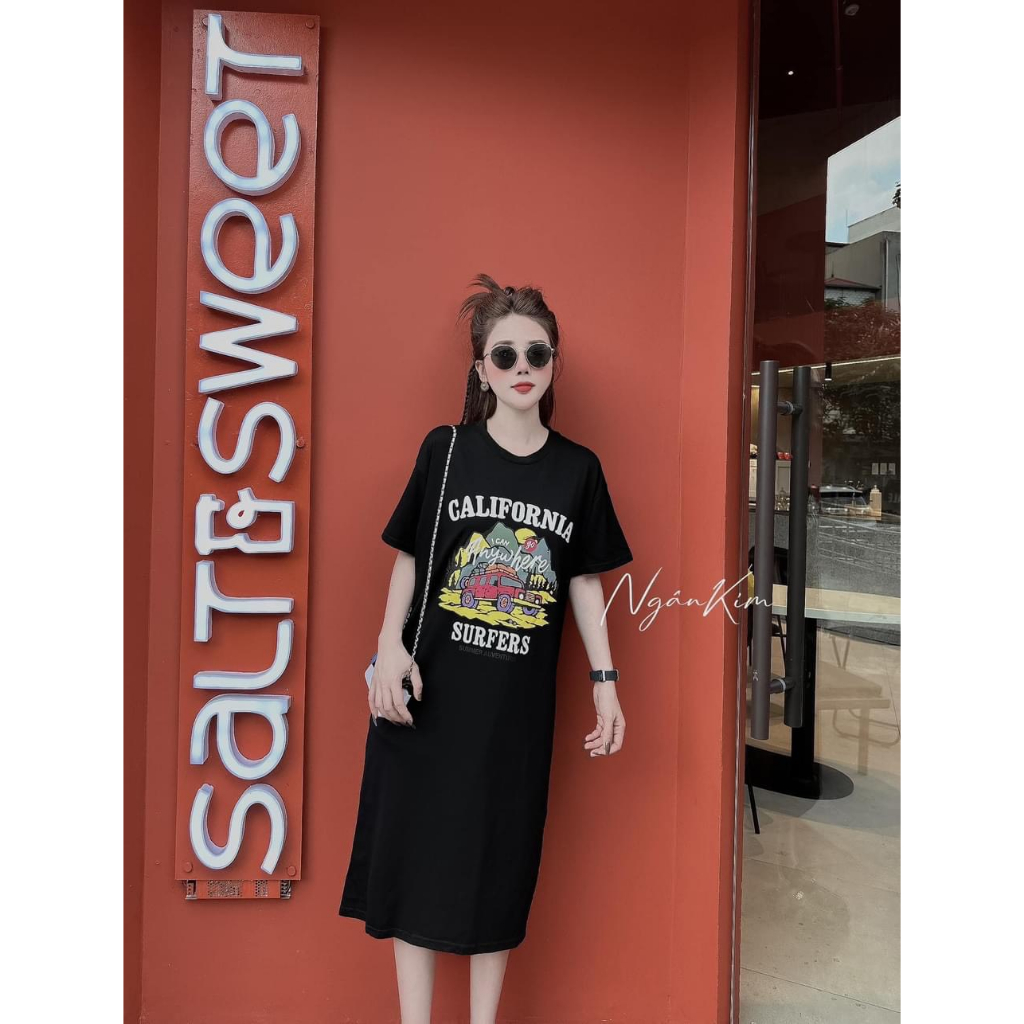 Váy Phông Cộc Tay Dáng Dài Đầm Phông Dáng Suông Cotton Freesize Bigsize 70kg Bầu Cũng Mặc Được mẫu CALIFORNIA. TP140