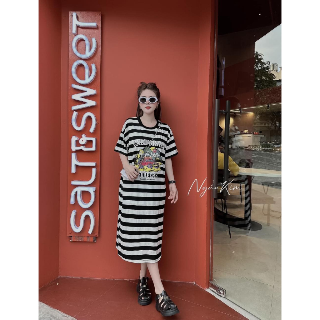 Váy Phông Cộc Tay Dáng Dài Đầm Phông Dáng Suông Cotton Freesize Bigsize 70kg Bầu Cũng Mặc Được mẫu CALIFORNIA. TP140