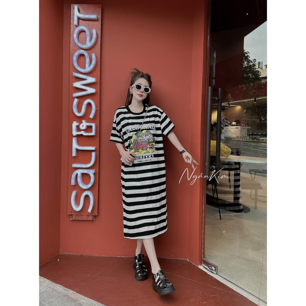 Váy Phông Cộc Tay Dáng Dài Đầm Phông Dáng Suông Cotton Freesize Bigsize 70kg Bầu Cũng Mặc Được mẫu CALIFORNIA. TP140