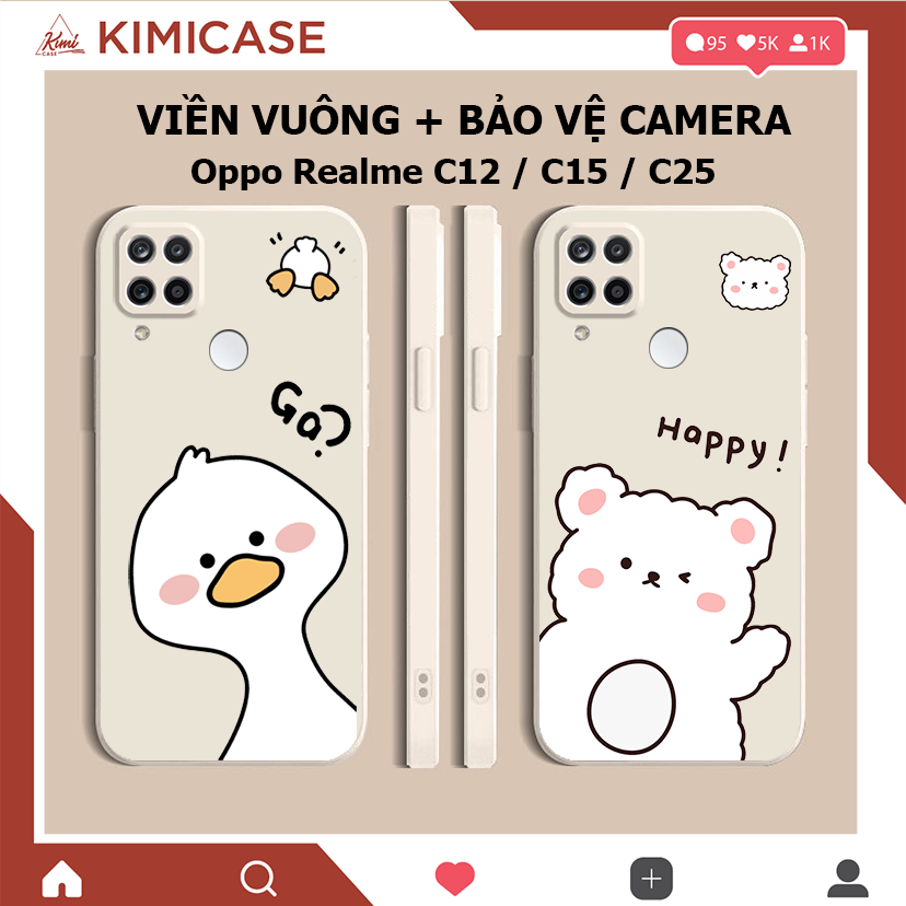 Ốp lưng Oppo Realme c12/c15/c25 / Realme c17/7i / Realme c21y silicon dẻo cạnh vuông bảo vệ camera đôi gà gấu cute