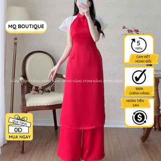 Áo dài cách tân nữ thiết kế truyền thống cổ cao tay phối trắng cánh tiên cao cấp mặc tết đám cưới MQBOUTIQUE