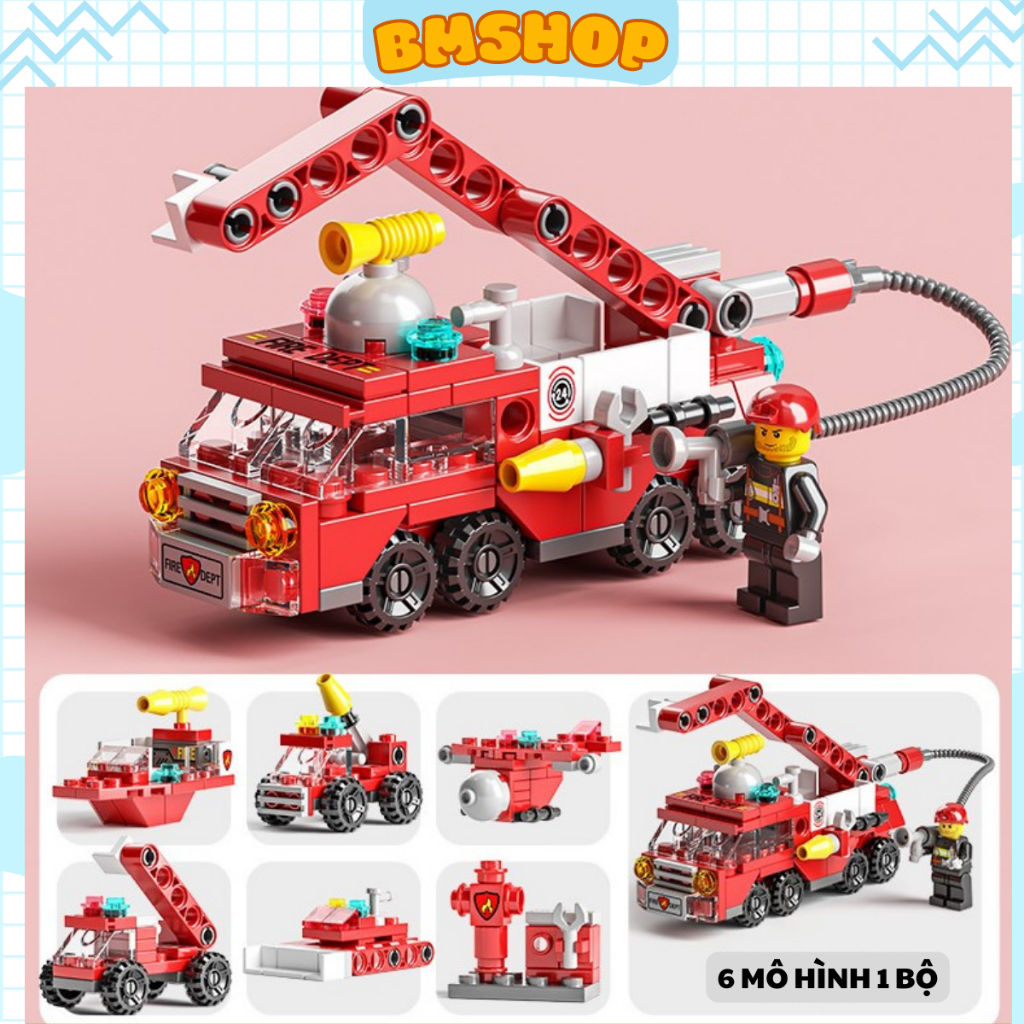 Lắp ráp lego mô hình xe cứu hỏa, bộ xếp hình cảnh sát nhựa ABS an toàn cho bé