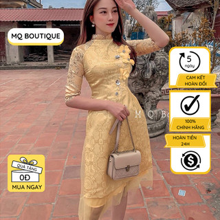 Áo dài cách tân gấm nữ MQ Boutique truyền thống thiết kế cao cấp tay lỡ đính hoa ngực mặc tết đi đám cưới