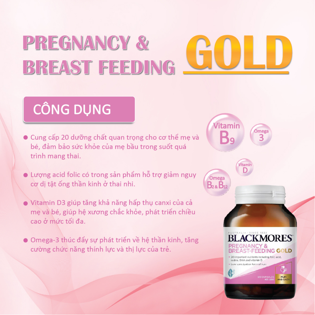 Vitamin tổng hợp cho mẹ bầu Blackmores Pregnancy And Breast Feeding Gold bổ sung đầy đủ dưỡng chất cho kỳ 60 viên
