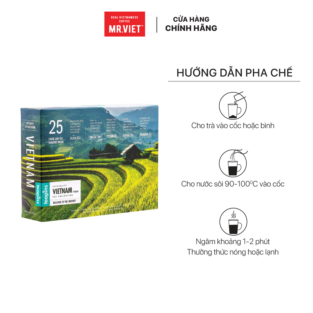 Trà lá Vietnam Delights 25 với 25 vị của trà đen, xanh, thảo mộc, hợp nhất, thượng hạng - Trà Teapins (25 gói/hộp x 5g)