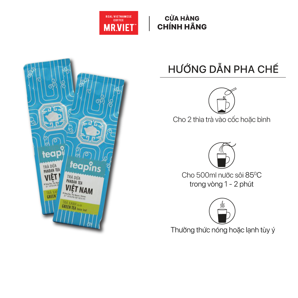 Trà lá Pandan, trà xanh, hương lá dứa dịu nhé, Trà Teapins For Local 70g