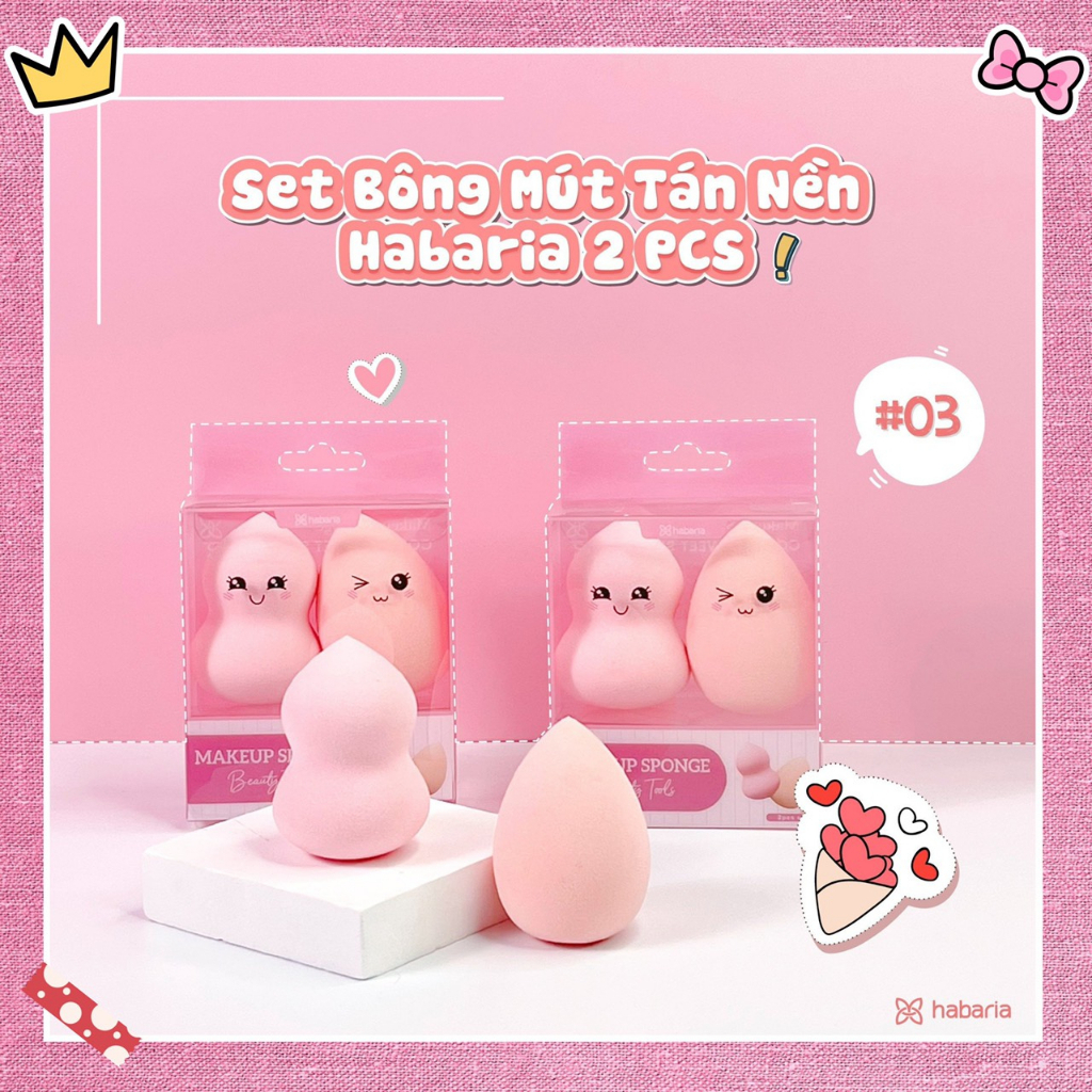 Set 2 mút tán kem nền Habaria siêu mịn bám phấn độ đàn hồi cao chính hãng