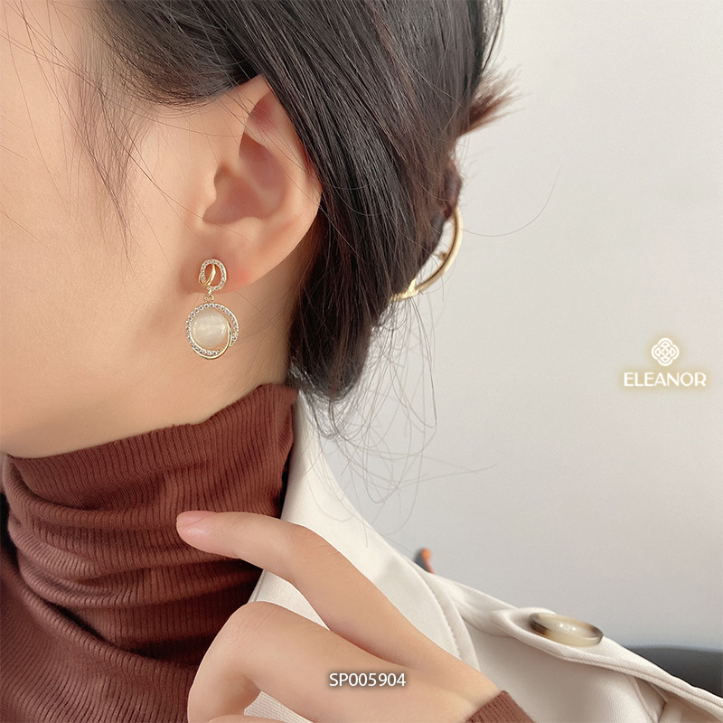 Bông tai nữ chuôi bạc 925 Eleanor Accessories dáng tròn đính đá mắt mèo phụ kiện trang sức 5904