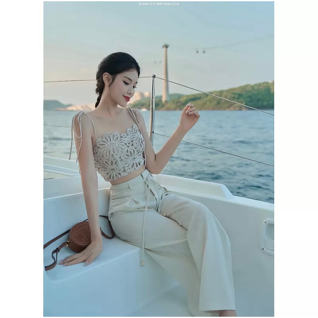 Set Bộ Đi Biển Áo 2 Dây Ren Hoa Dáng Croptop Mix Quần Ống Suông Dài, Set Áo Cúp Ren 2 Dây Buộc Nơ Quần Ống Rộng Đi Chơi