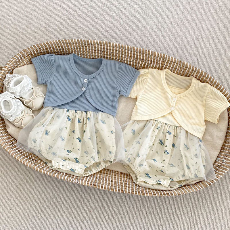 Set bộ body váy hai dây bèo ren kèm áo ngoài cộc tay xinh xắn cho bé mặc đi chơi, BD6