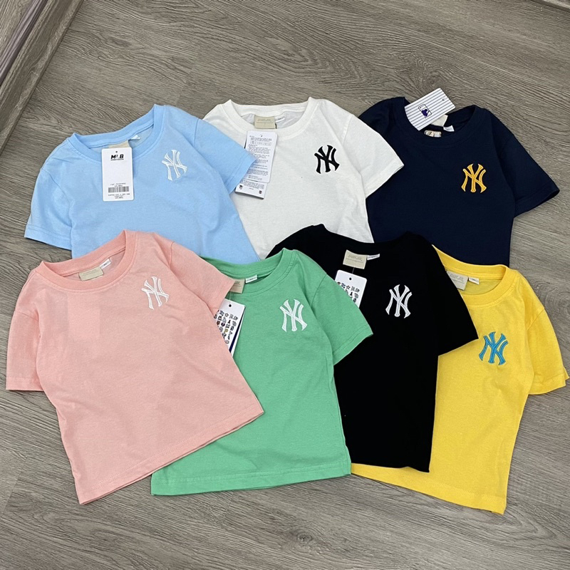 Áo cộc tay trơn thêu logo NY M.LB cho bé trai bé gái size từ 12-35 cân