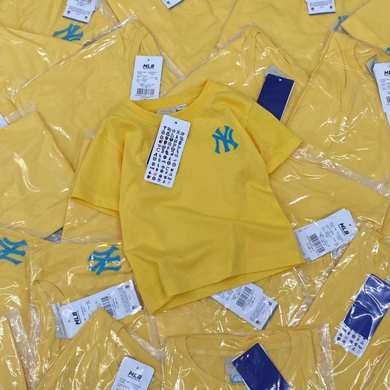 Áo cộc tay trơn thêu logo NY M.LB cho bé trai bé gái size từ 12-35 cân