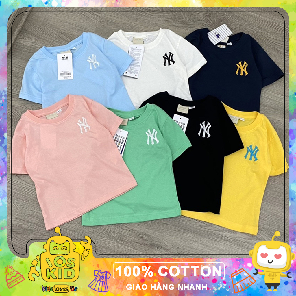 Áo cộc tay trơn thêu logo NY M.LB cho bé trai bé gái size từ 12-35 cân