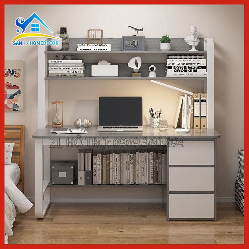 Bàn học gỗ có kệ sách khung thép sơn tĩnh điện BLV111, bàn học kèm tủ cabinet đa năng gỗ MFC An Cường melamine - Sành