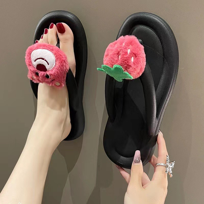 Dép Xỏ Ngón Đế Cao 2cm Hoạ Tiết Dâu Gấu