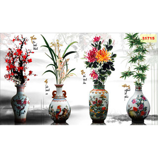Tranh decal 3D dán tường hình bình hoa 4 mùa Xuân Hạ Thu Đông mang tài lộc vào nhà