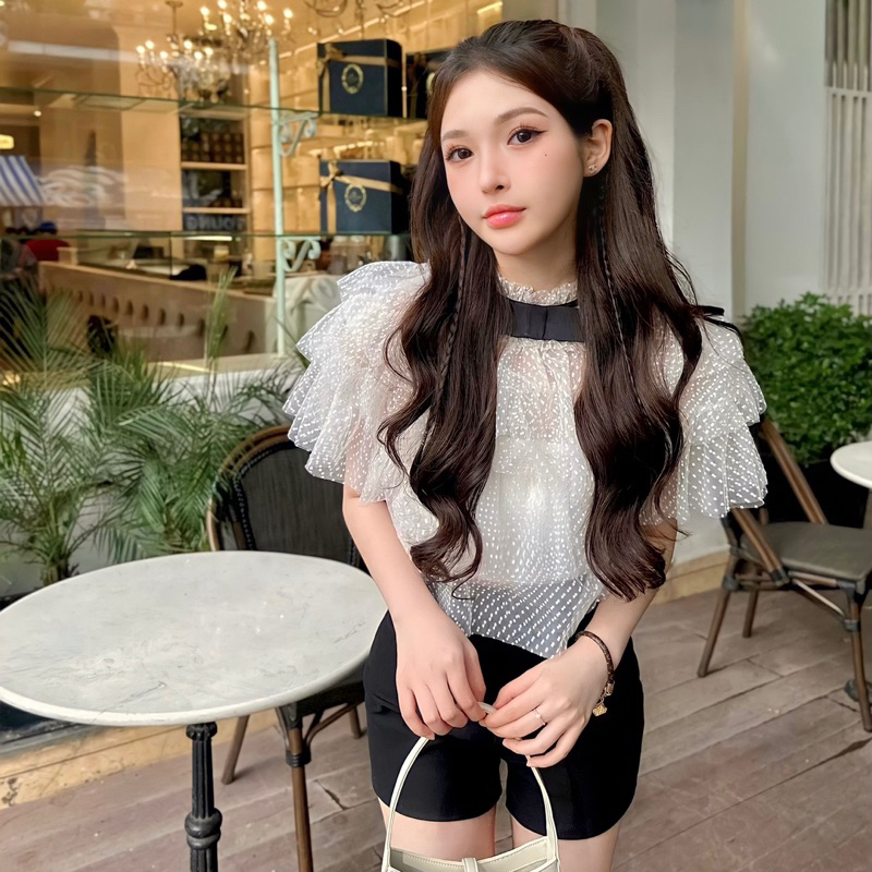 Áo Ren Tầng Cổ Nơ Minie Top Lypstudio Kèm Áo Hai Dây Thun Sẵn Mút Ngực