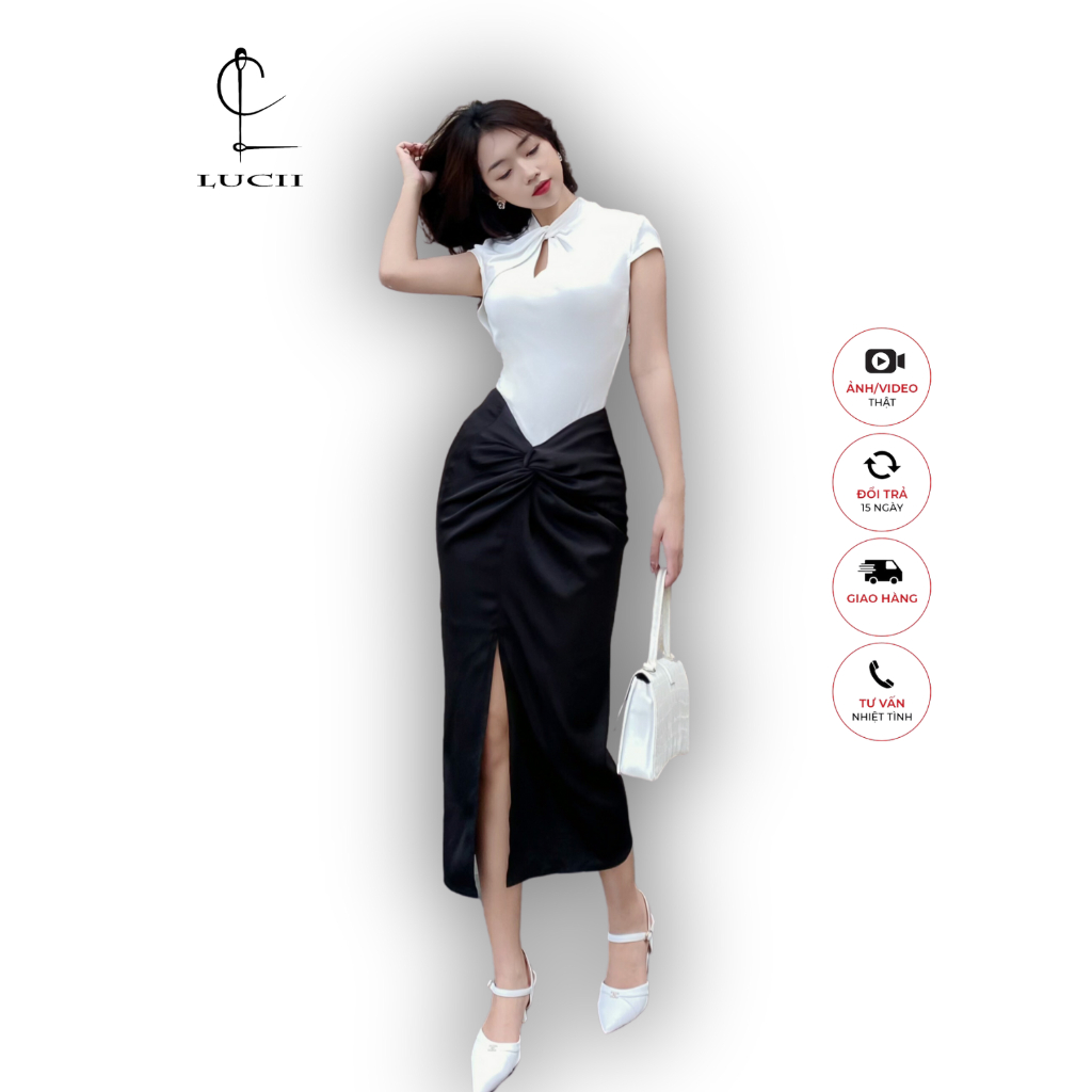 Chân váy lụa LUCII thiết kế midi sẻ trước vải lụa dày sang chảnh hàn quốc - LU37