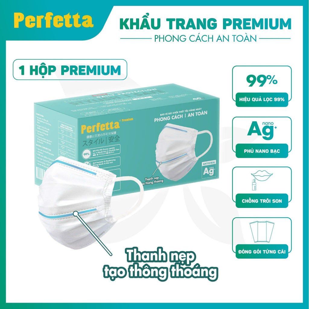 Khẩu Trang Cao Cấp Chuẩn Nhật Perfetta Premium Phủ Nano Đồng, 2 Thanh Nẹp Thông Thoáng (40 cái/hộp)
