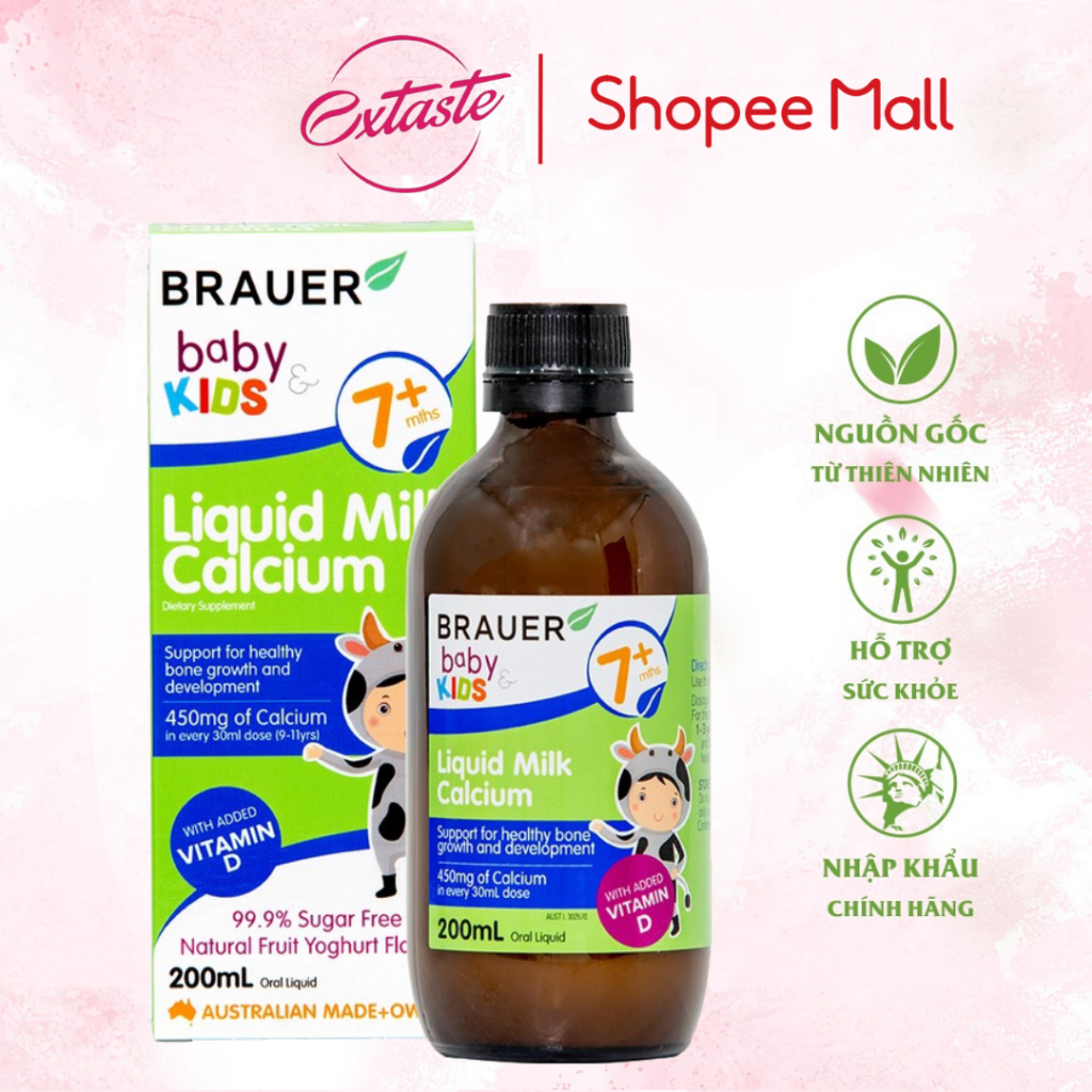 Canxi sữa dạng nước Brauer Baby & Kids Liquid Milk Calcium cho trẻ trên 7 tháng tuổi 200ml