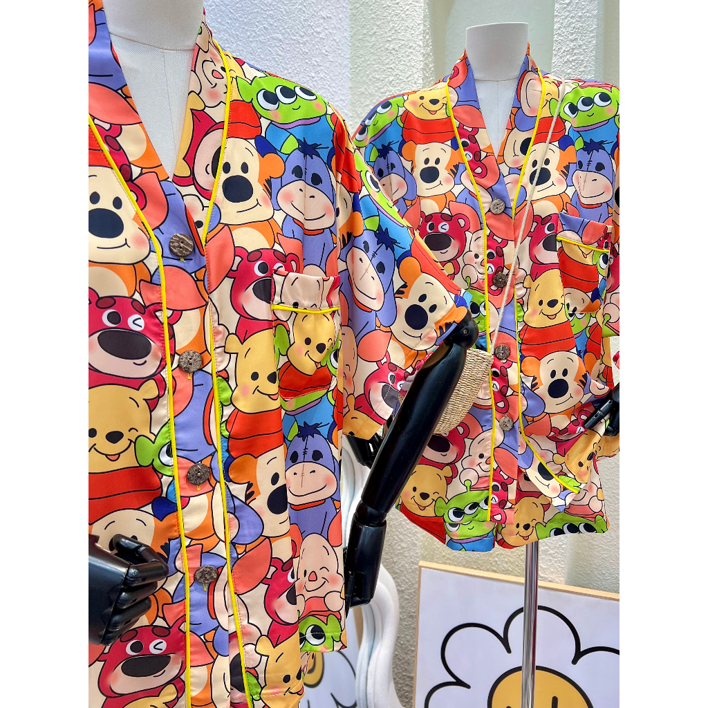 Bộ Pijama quần đùi, áo tay dơi in hình pooh gấu dâu ailen kèm cột tóc - HN1432