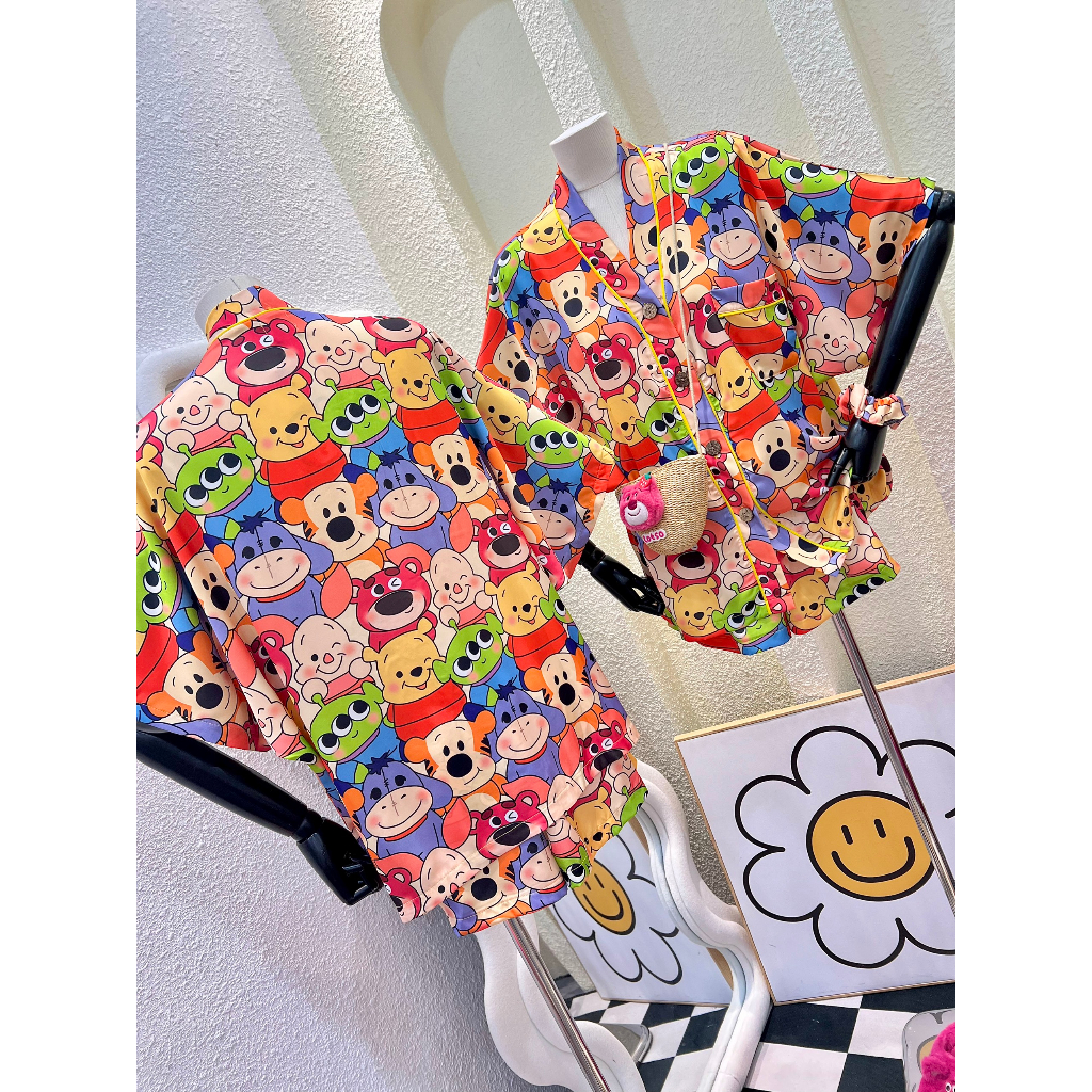 Bộ Pijama quần đùi, áo tay dơi in hình pooh gấu dâu ailen kèm cột tóc - HN1432