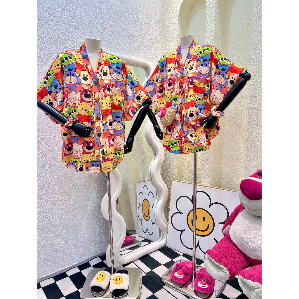 Bộ Pijama quần đùi, áo tay dơi in hình pooh gấu dâu ailen kèm cột tóc - HN1432