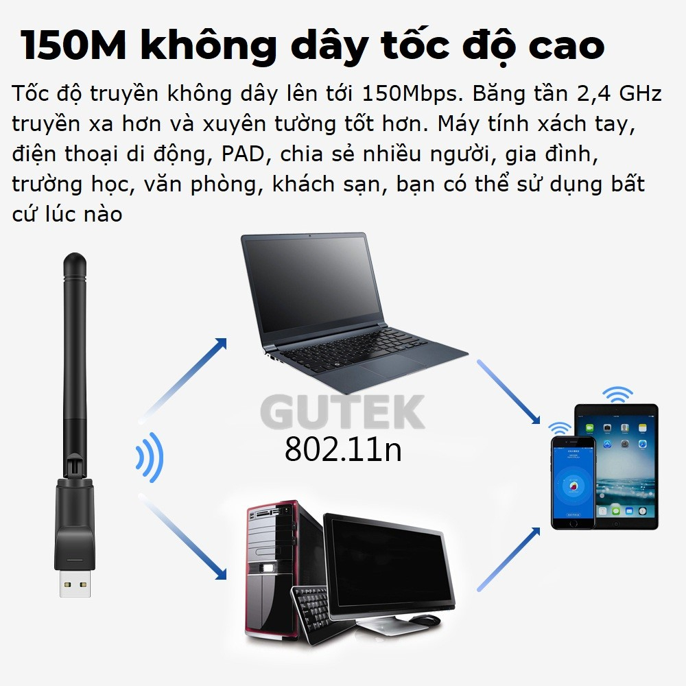 USB thu sóng wifi Gutek K113 150mbps tần số 2.4GHz cho máy tính pc laptop tốc độ nhanh tín hiệu mượt