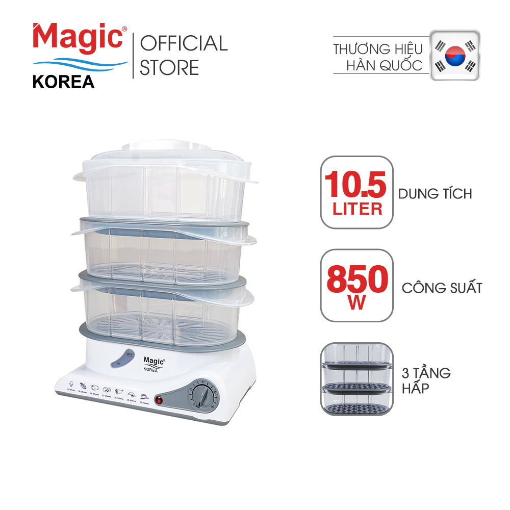 Máy hấp thực phẩm 3 tầng Magic Korea A61,10.5L hấp cùng lúc 2 con gà 1.2kg,tự động ngắt điện,bảo hành chính hãng