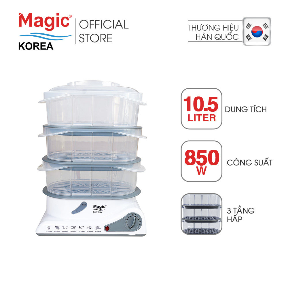 Máy hấp thực phẩm 3 tầng Magic Korea A61,10.5L hấp cùng lúc 2 con gà 1.2kg,tự động ngắt điện,bảo hành chính hãng