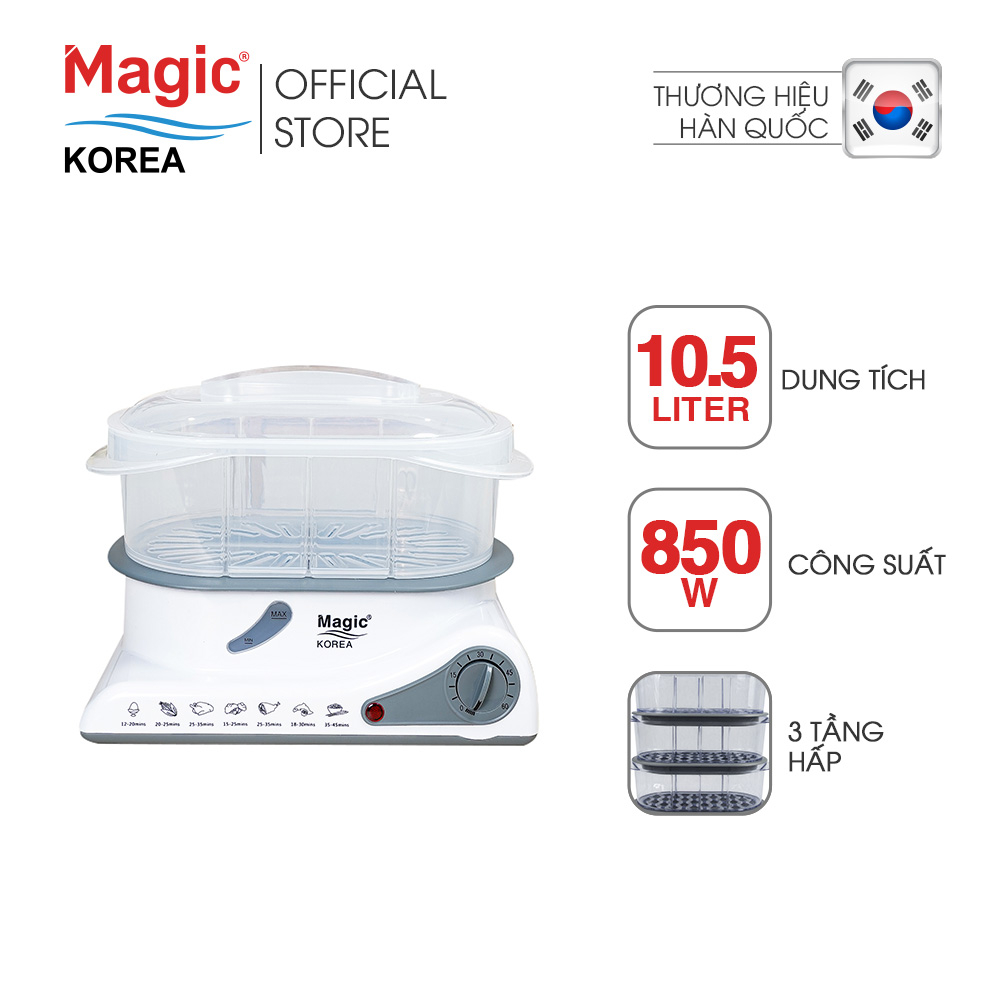 Máy hấp thực phẩm 3 tầng Magic Korea A61,10.5L hấp cùng lúc 2 con gà 1.2kg,tự động ngắt điện,bảo hành chính hãng